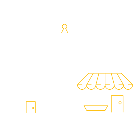 Illustration of a family home, a small business, and an institutional building
